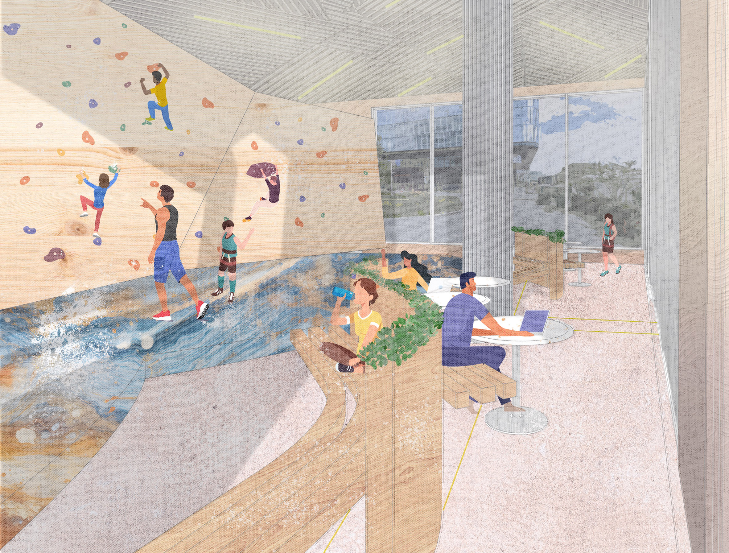 An illustration of a gym space in colours of beige, grey, blue, yellow and red, with people on a bouldering wall, and others sat at tables.