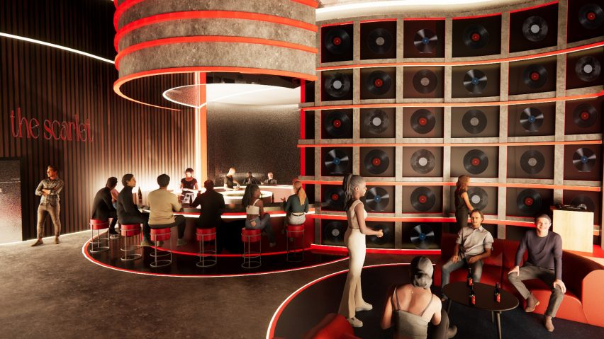 A visualisation of an interior in dark tones of brown and red, with many people in the space and vinyl records displayed on the wall.