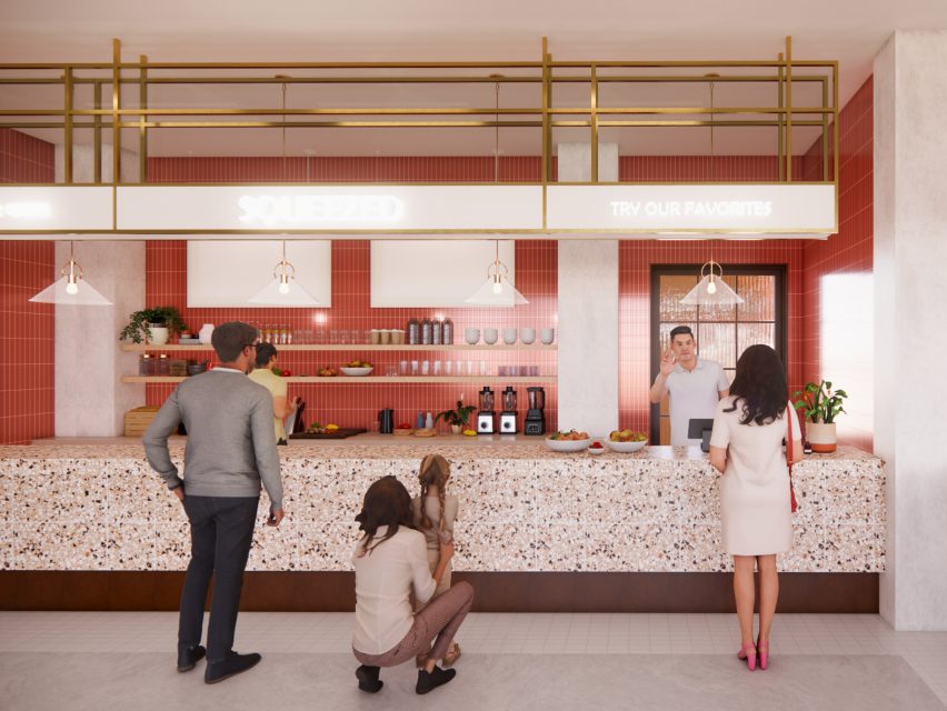 A visualisation of the interior of a bar, showing workers and customers, with red tiles and gold structures for lighting.