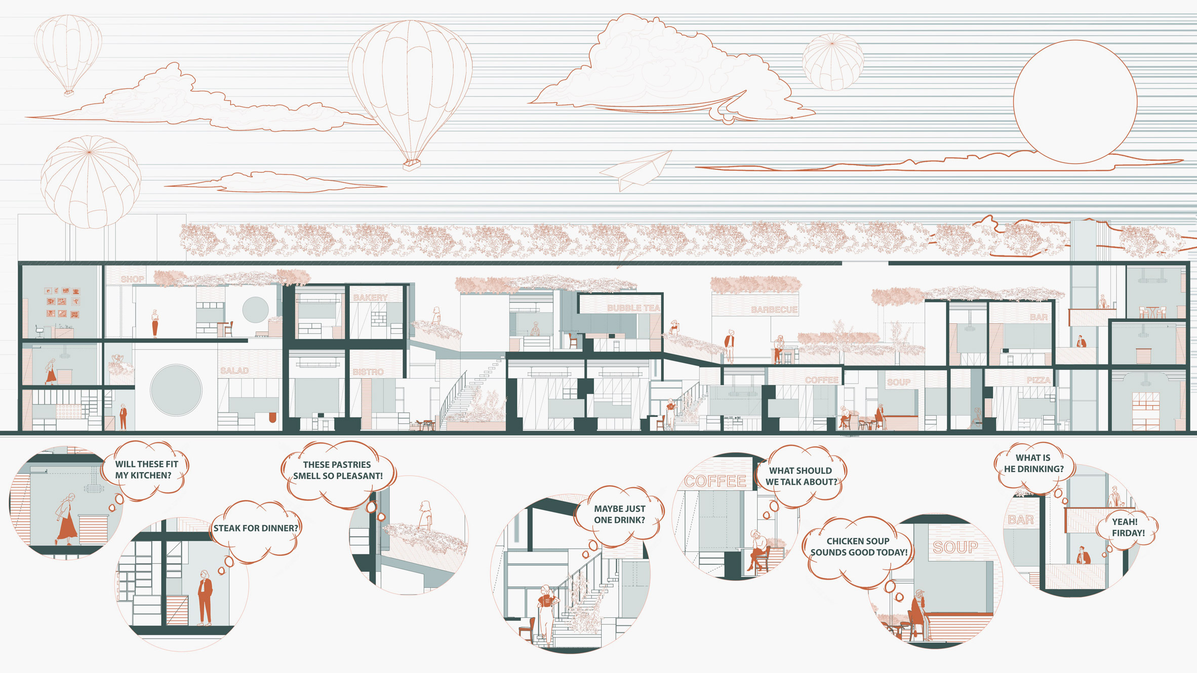 A diagram of a building and a sky above it, in colours of blue and orange.