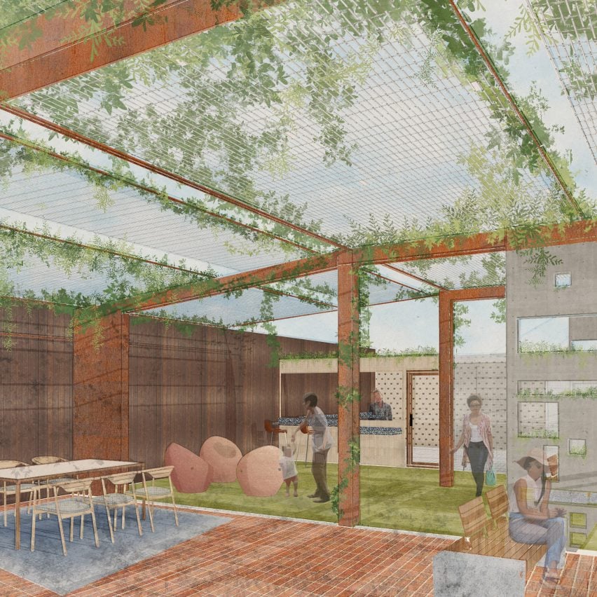 A visualisation of an exterior with people in the space, various seating and brown wooden beams with green plants around them.