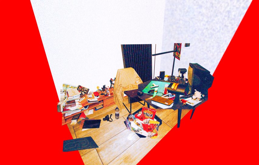 A visualisation of a space displaying a television, a chair and various objects surrounding them on a wooden floor, with block red at the edge of the image.