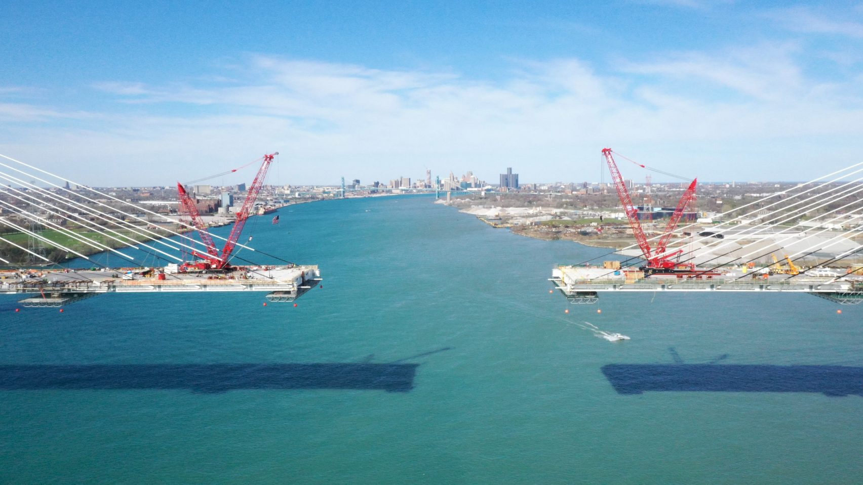 Cable-stayed bridge under construction over Detroit River