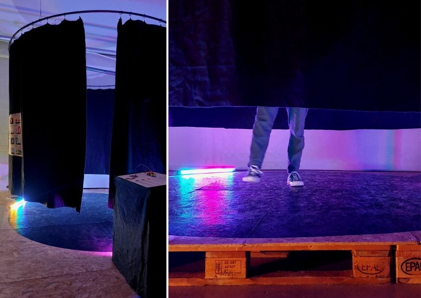 Two photographs adjacent to one another; the left showing an installation of purple lighting with black curtains around it, the right showing a person's two legs and shoes behind the black curtain.