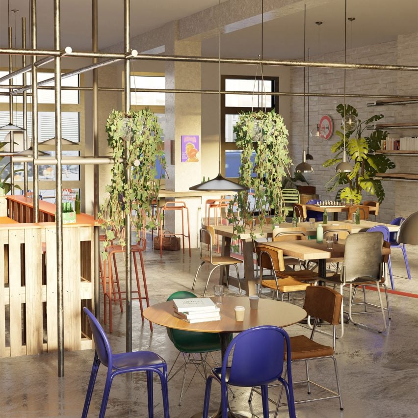 A visualisation of a space in tones of grey and brown, with green hanging plants and tables and chairs in colours of blue and black.