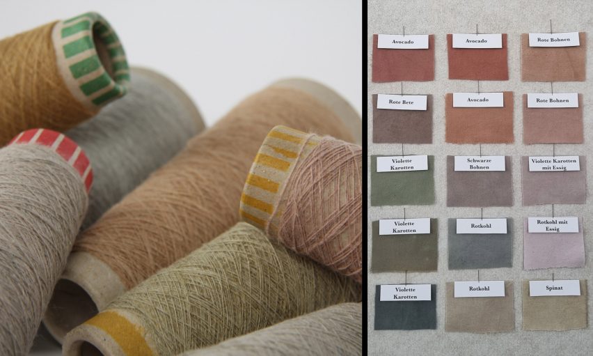 Two photographs adjacent to one another. The left shows a collection of rolls of yarn in brown tones, and the right showing a collection of fabric samples in tones of brown, green, red and pink.