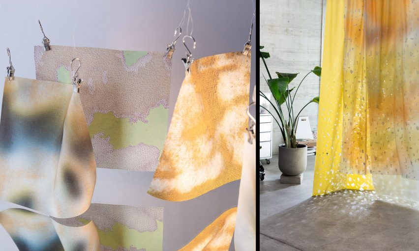 Two photographs adjacent to one another. The left showing three square sheets of fabric hanging against a grey background in tones of green, brown, yellow, grey and blue. The right shows a yellow curtain with a grey floor beneath it, and a green plant beside it.