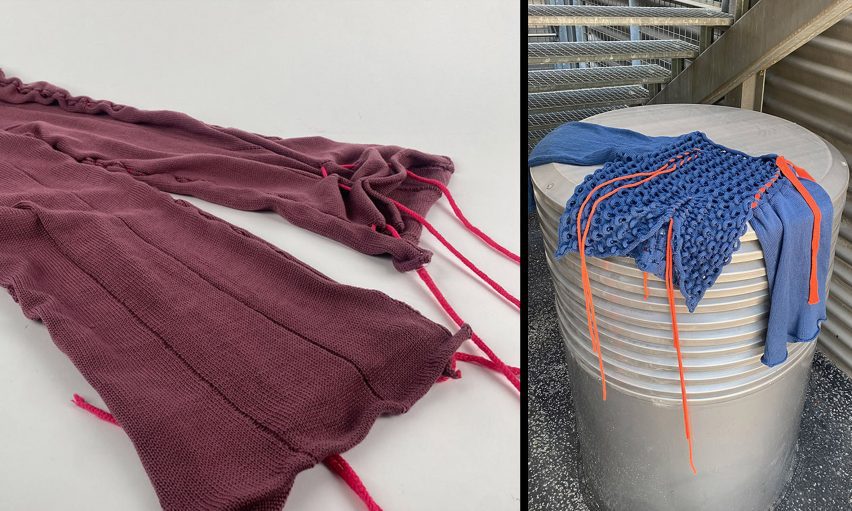 Two photographs adjacent to one another; the left showing a burgundy garment lying on a white surface with red strings attached to it, the left displaying a blue garment atop a grey surface, with orange strings attached.