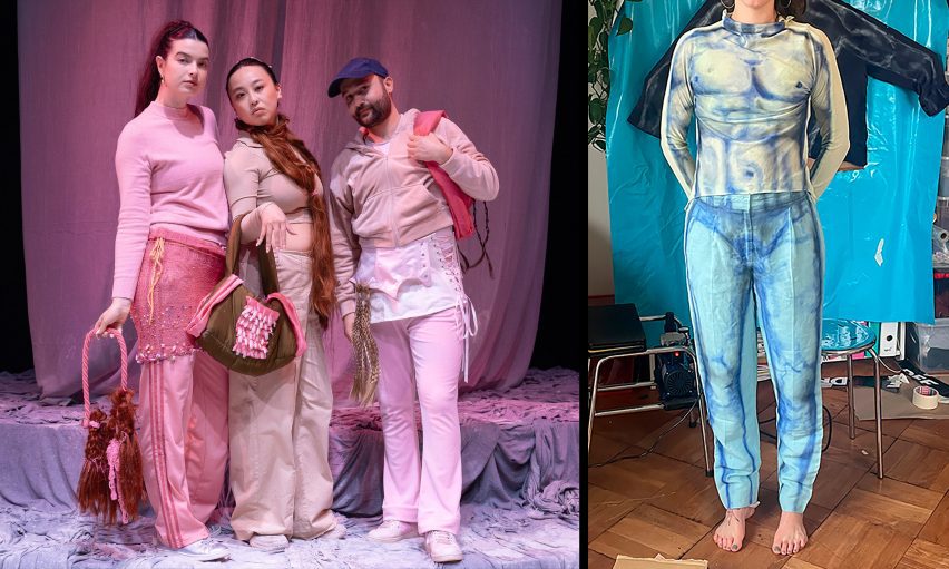 Two photographs adjacent to one another; the left showing three people standing next to each other in pink clothing and accessories, against a backdrop of pink and purple tones. The left shows a person standing with blue clothing on, against a blue backdrop.