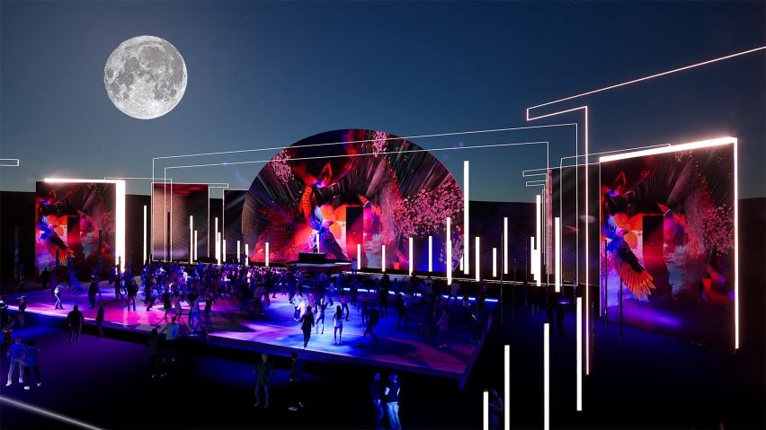 A visualisation of an outdoor stage in tones of purple, pink, blue and white, against a blue night sky with a white moon.