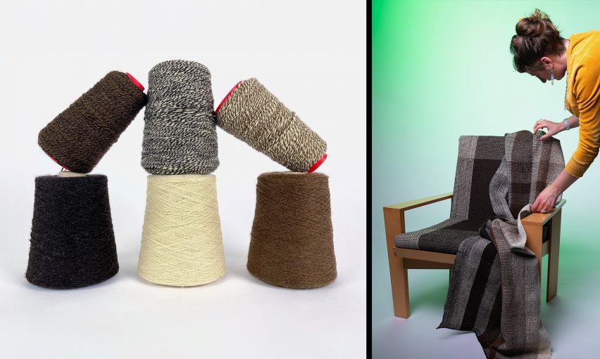 Two photographs adjacent to one another; the left showing a collection of rolls of yarn in tones of brown, black and grey, against a white backdrop. The right shows a person handling the grey fabric of a chair, against a green and white backdrop.