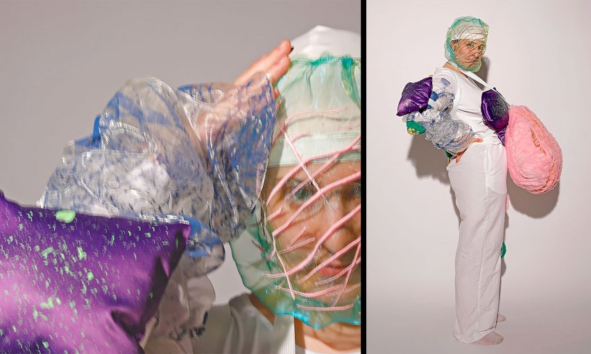 Two photographs adjacent to one another, the left showing a close up photograph of a person dressed in purple, green, blue and white clothing, and the right showing a person standing up against a white background, wearing the same garments.