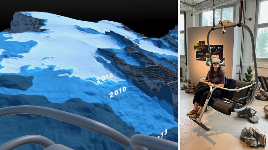 Two images adjacent to one another; the left showing a digital image of blue terrains with '2016' and '2010' written in white text over it, the right showing a photograph of a person on a metal swing wearing a VR headset.