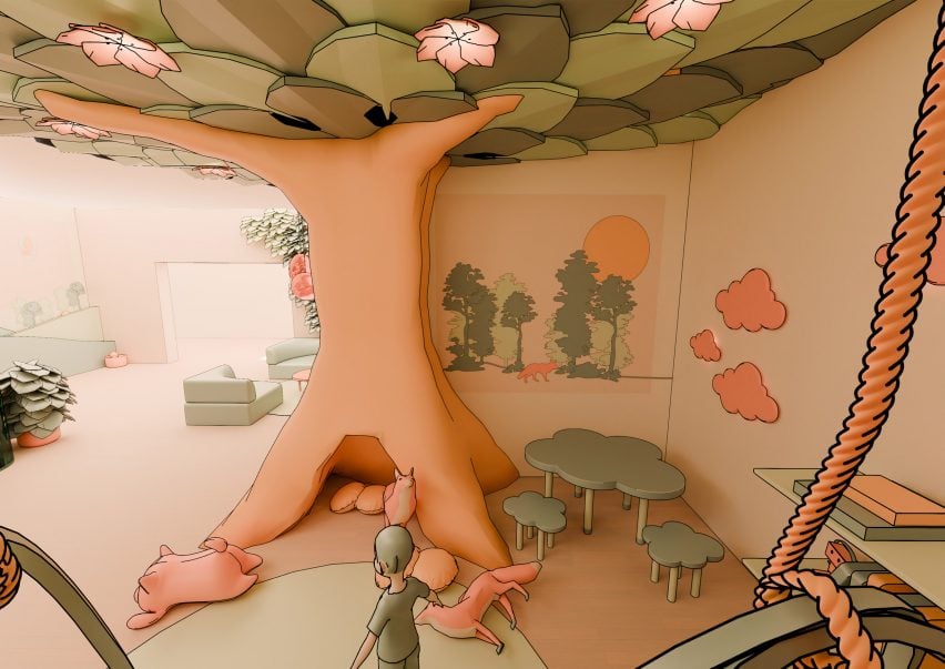 A visualisation of a room in tones of orange and green, with a large tree structure in the centre, tables and chairs, and a person.