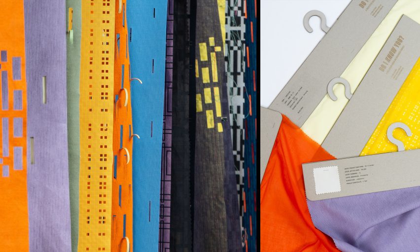 Two photographs adjacent to one another. The left photograph shows a collection of fabrics stacked on top of one other in colours of orange, purple, green, yellow, blue, black and yellow. The right photograph shows lilac, red, yellow fabrics on grey hangers against a white background.