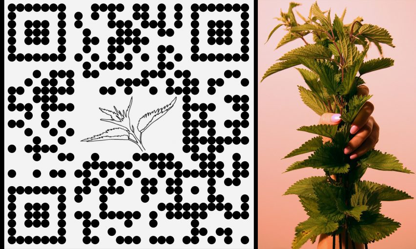 Two images next to one another; on the left is an image of a black and white barcode with a floral line drawing in its centre and on the right is a photograph of a person's hand holding a green leafy plant against a pink background.