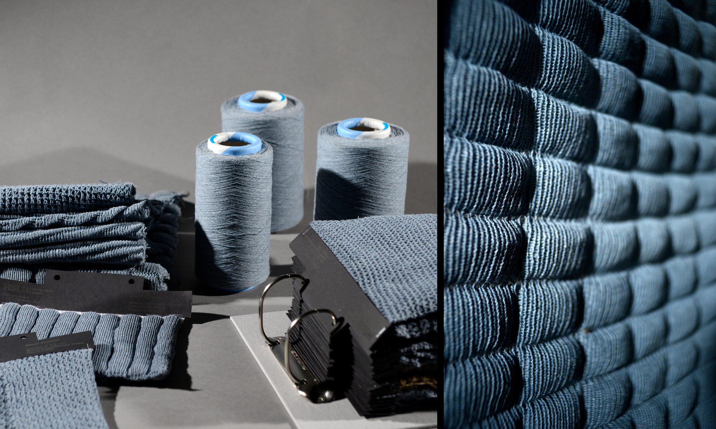 Two photographs adjacent to one another; the left displaying a collection of blue fabrics and blue yarn on a roll, the right a close up photograph of the same blue fabric.