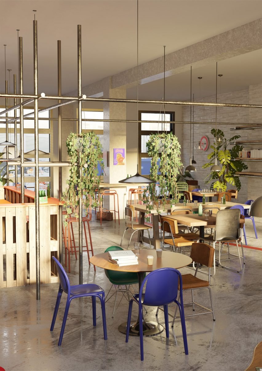 A visualisation of a space in tones of grey and brown, with green hanging plants and tables and chairs in colours of blue and black.