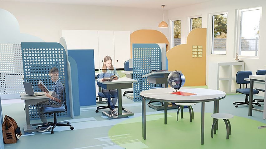 Visualisation of a white room with tables and chairs in it and two children sitting at them, with blue, yellow and green details throughout the space.