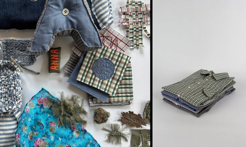 Two photographs adjacent to one another; the left showing a collection of fabrics in tones of green, blue, orange and brown, and the right displaying a collection of shirts in the same fabrics, folded in a pile, against a white backdrop.