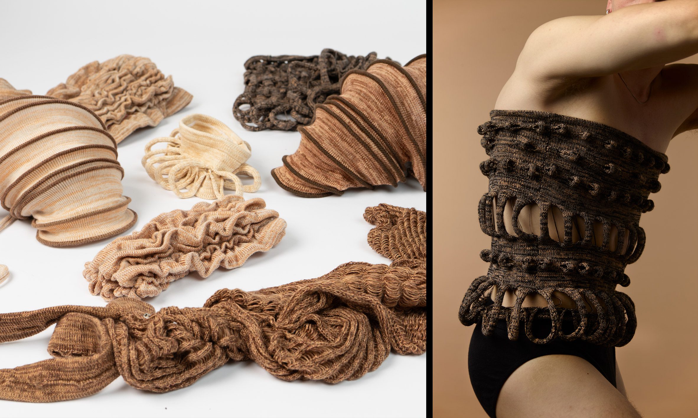 Two photographs adjacent to one another; the left showing a collection of ruched fabrics in brown tones, the right showing a person from the side wearing a brown garment around their torso.