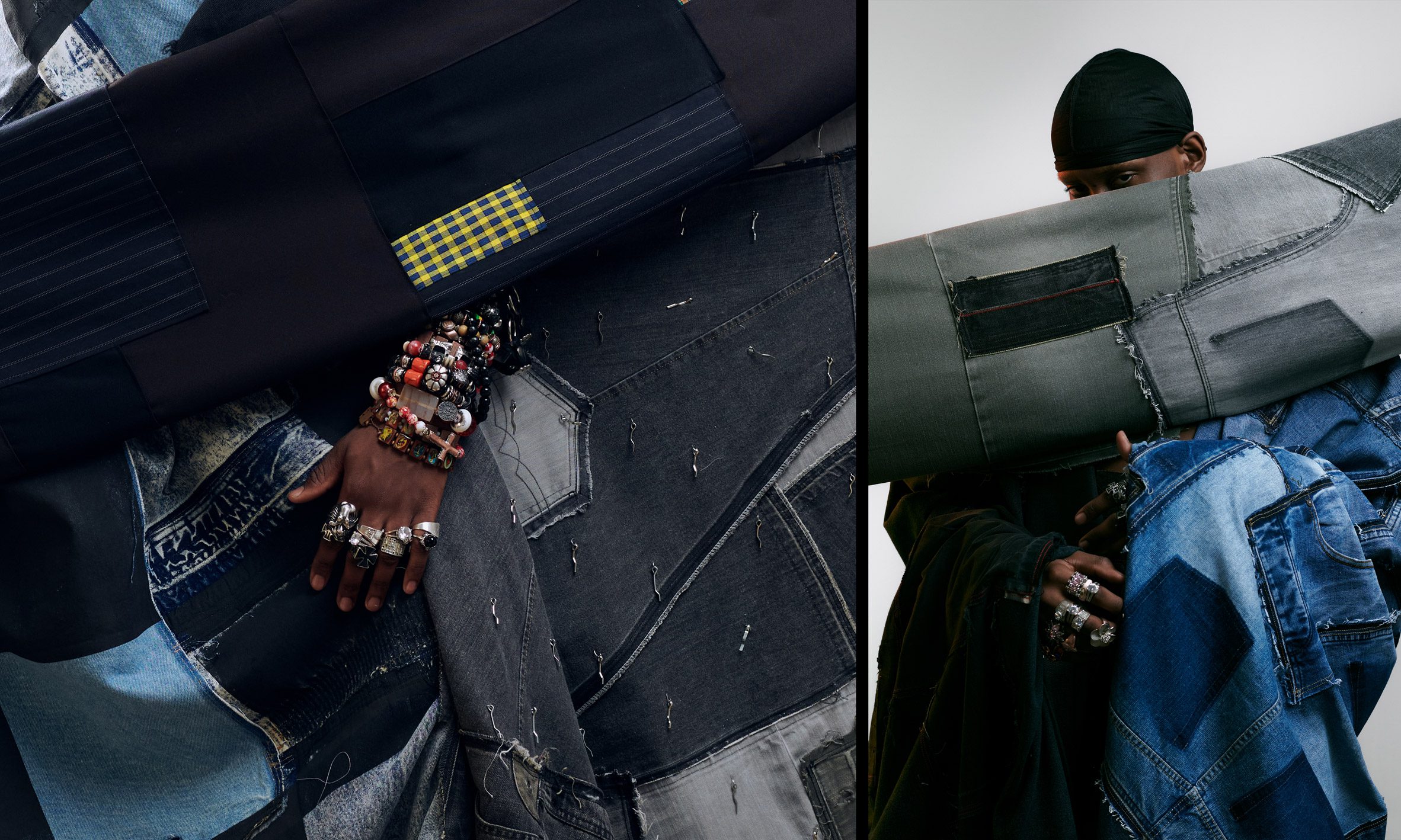 Two photographs adjacent to one another; the left showing a person's hand amongst a patchworked blue fabric, the right showing a person standing against a white backdrop draped in various blue fabrics. 