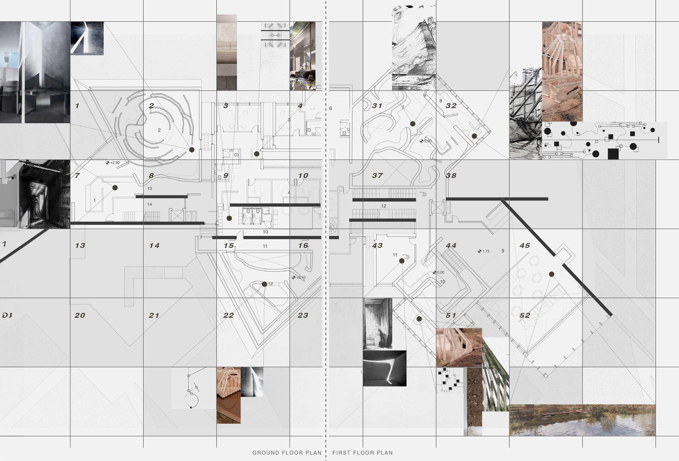 A grid diagram in grey and white with various illustrations and abstracted photographs filling some of its squares, with black numbers throughout.