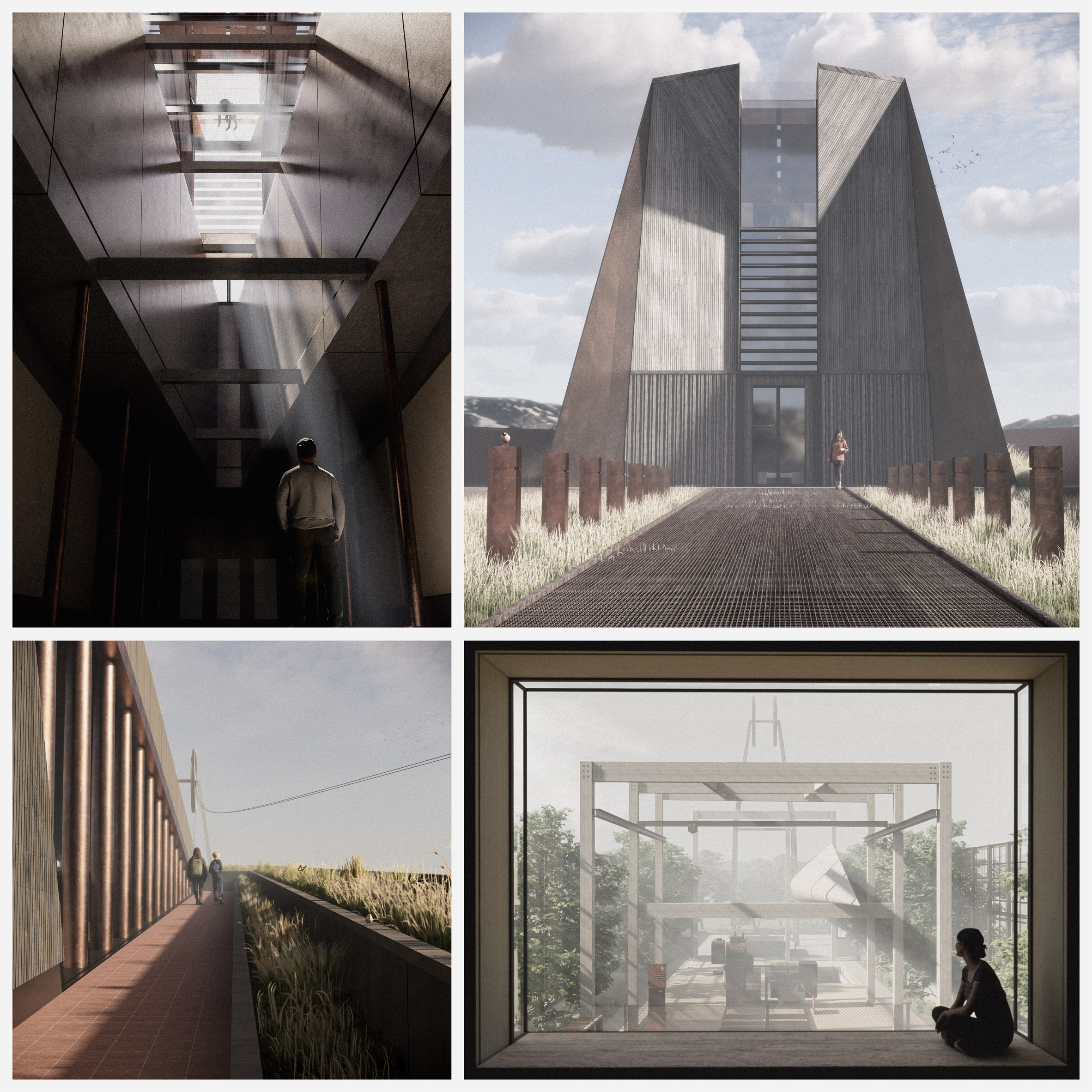 A grid of four displaying visualisations of an architectural proposal, both of its exterior and interior, in dull tones of grey and white.