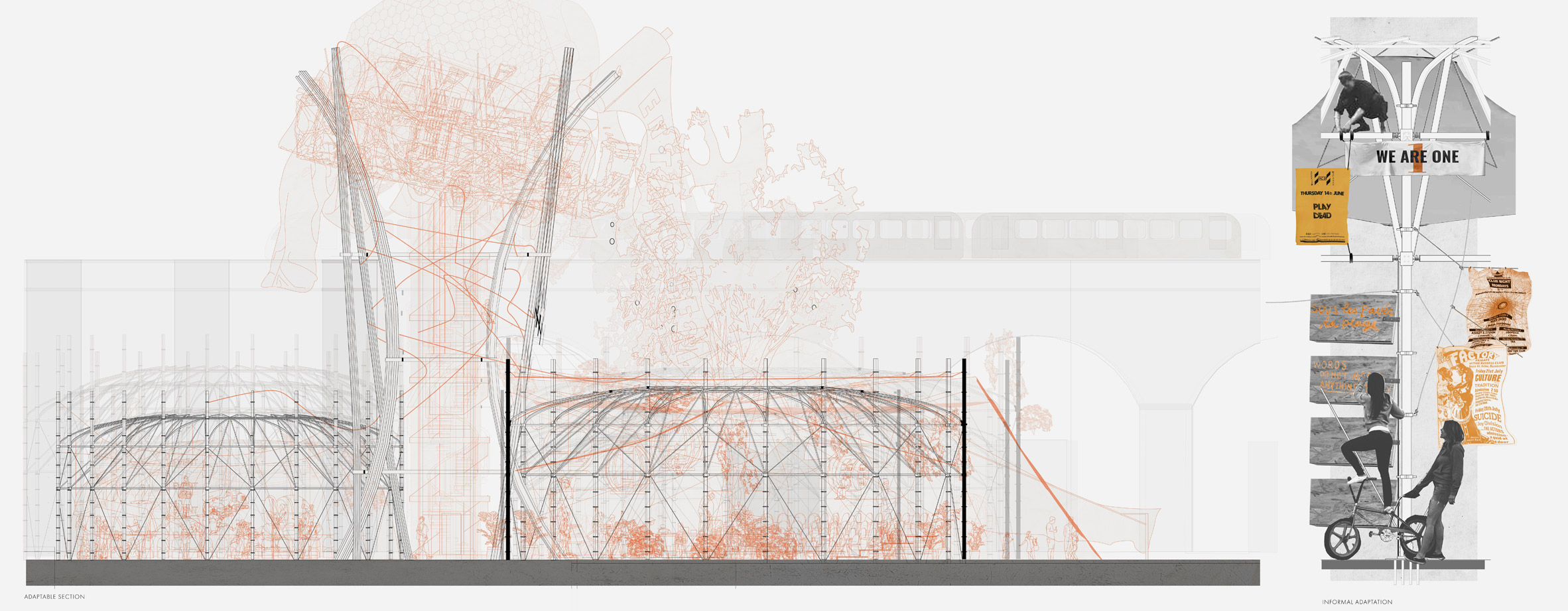 A visualisation of an architectural structure in colours of orange, grey and black, against a white backdrop.