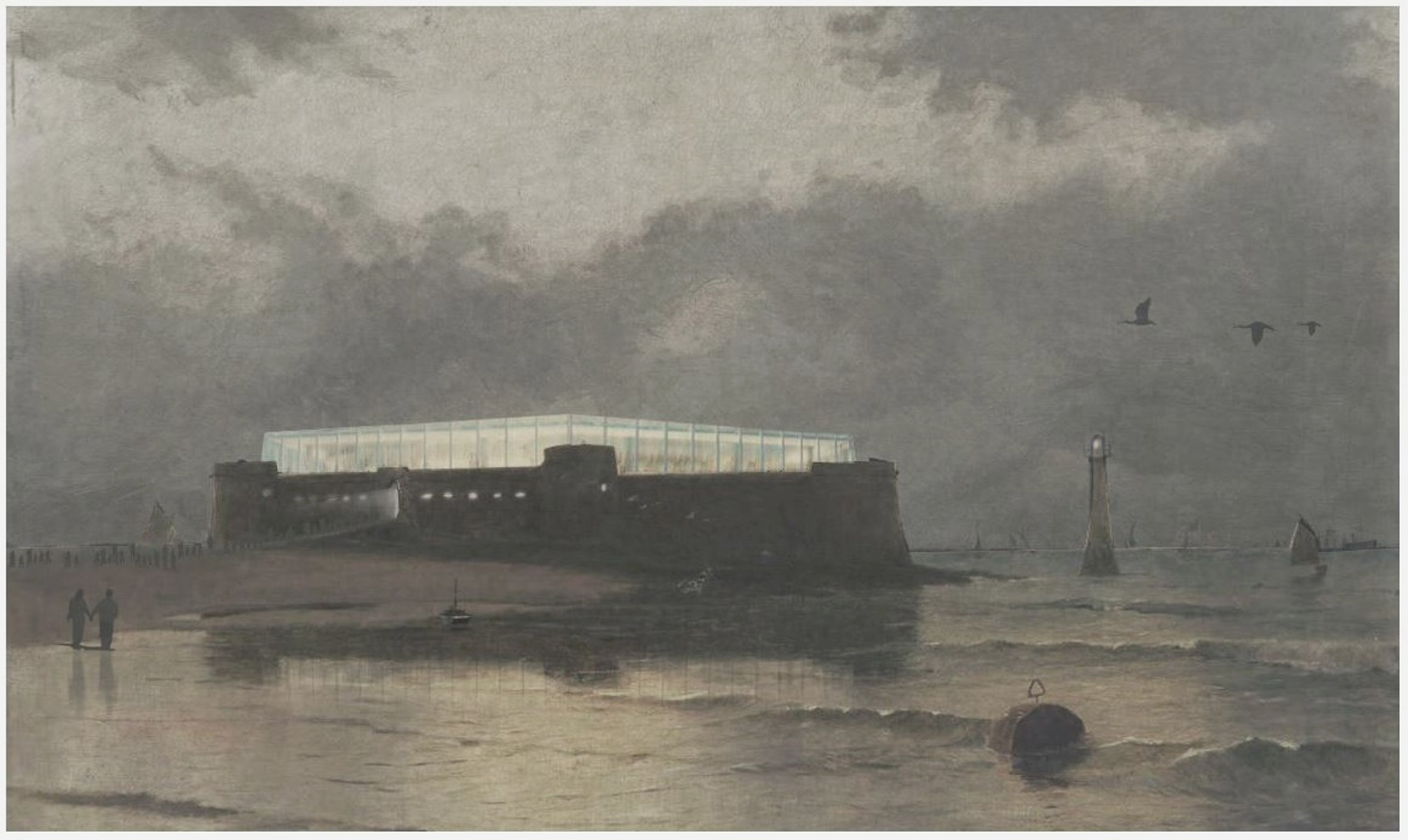 Photographic illustration of a building by a large body of water, with a grey clouds above, birds and people around the scene.