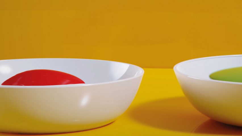 A visualisation of two white bowls, one with red contents and another with green, against a yellow background.