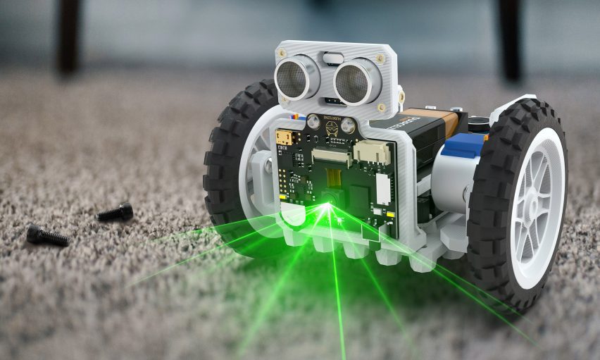 A visualisation of a robot device on wheels, with a bright green light shining from it.