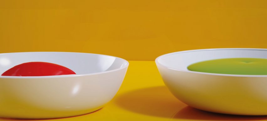 A visualisation of two white bowls, one with red contents and another with green, against a yellow background.