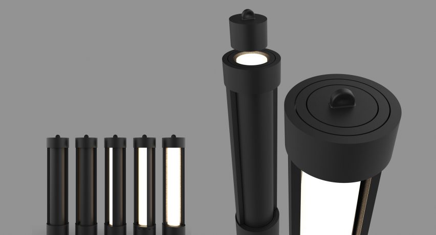 A visualisation displaying a black cylindrical light at different angles, against a grey background.
