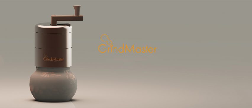 A photograph of a product that is grey and brown in colour, against a grey background. There is orange text next to the product that reads 'GrindMaster'.