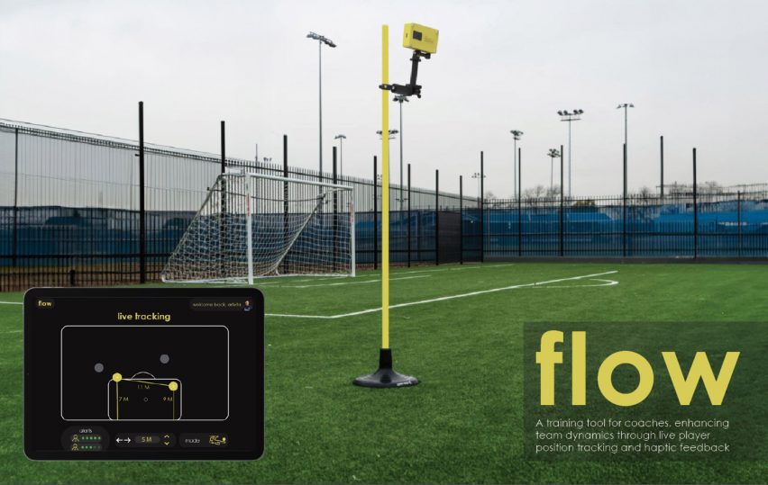 A photograph of a football pitch with a tall yellow camera on it. In the bottom right of the image is the word 'flow' in yellow writing, and on the left, a diagram with the words 'live tracking' in yellow.