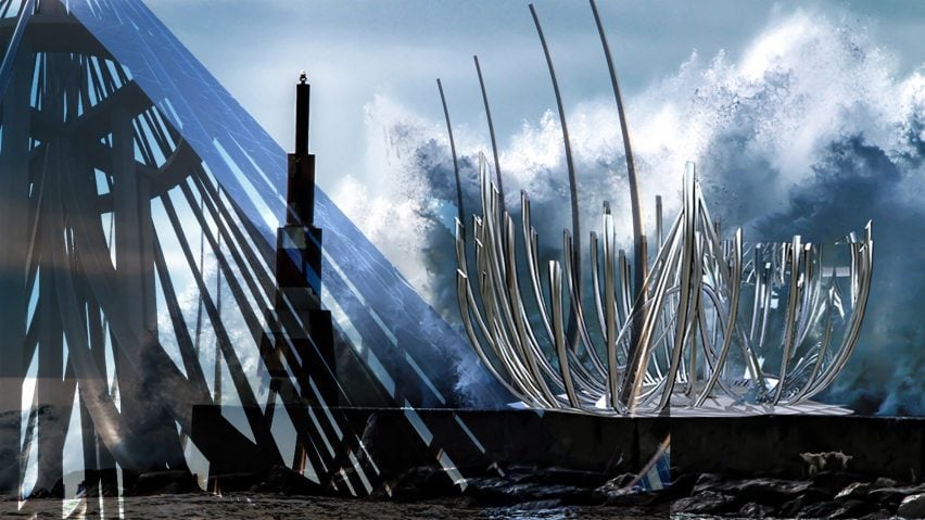 Visualisation of an architectural structure in colours of silver and dark blue, against a blue background with breaking waves.