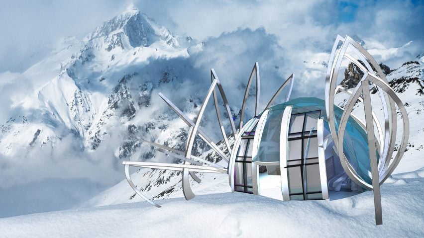 A visualisation of an architectural structure in blue tones, situated in white snow covered mountains.
