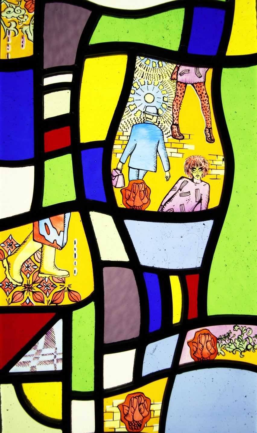 A visualisation of a stained glass window in colours of green, blue, red and yellow, with illustrations of people in parts of the glass.