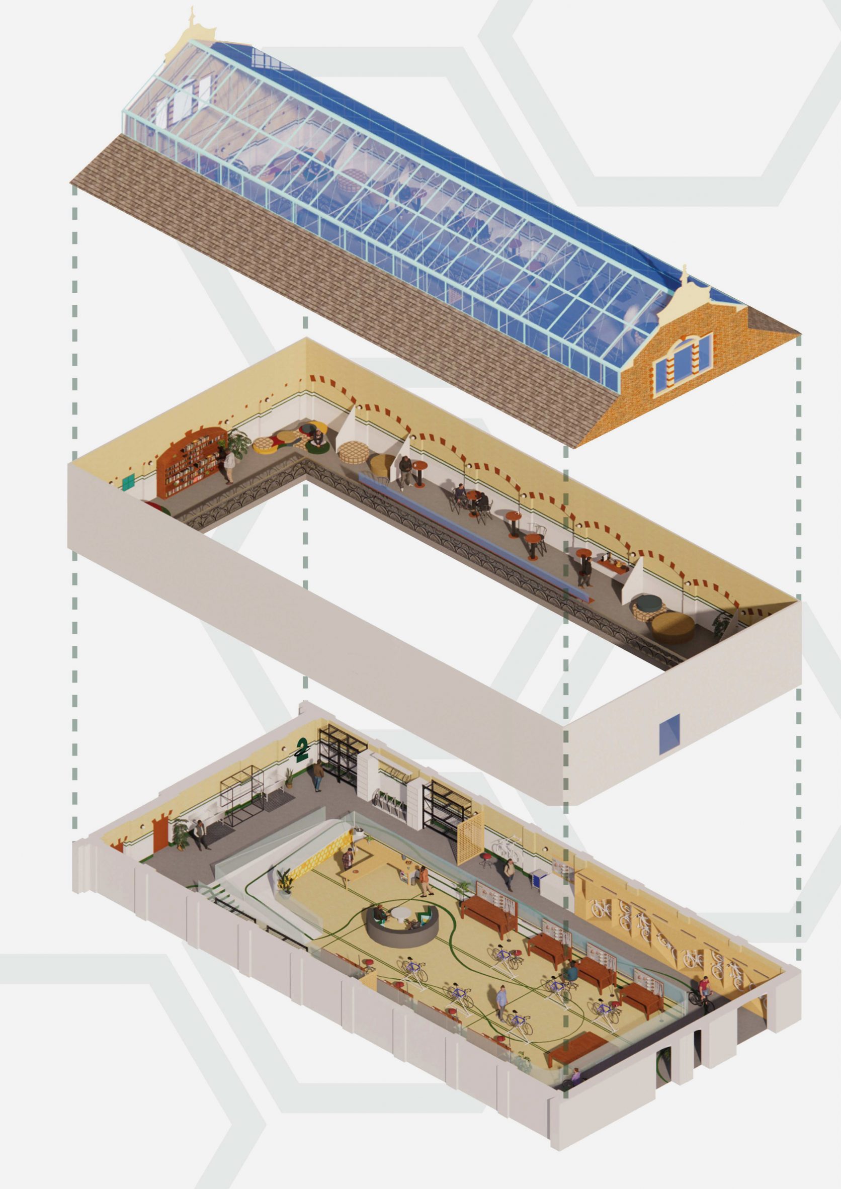 Visualisation of an architectural plan detailing three components of the building, separated and stacked, in colours of yellow, red and blue, against a white background. 