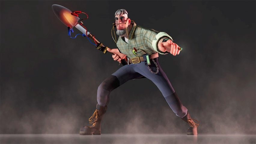 A visualisation of a video game character, wearing clothing in green and blue colours and holding an object in tones of brown, red and blue, against a grey backdrop.