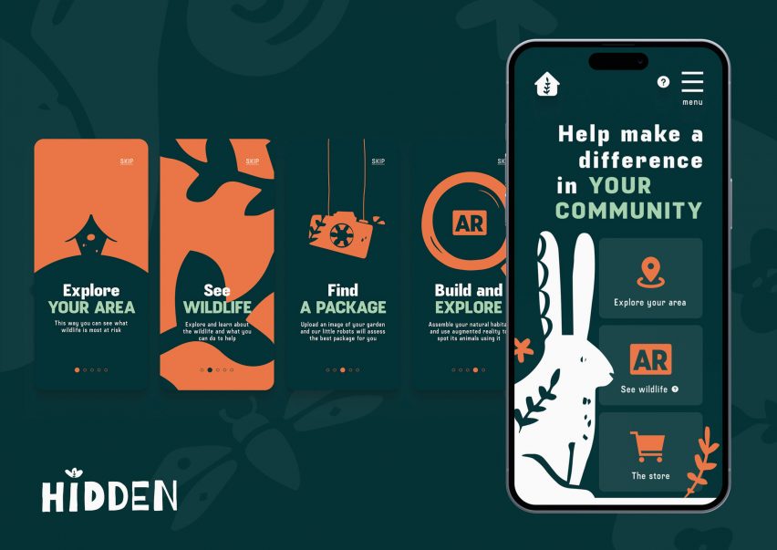 An image displaying different elements of an app, displayed on an iphone, with various words and taglines in white and green writing among orange graphics. These are displayed against a dark green background with the word 'hidden' written in the bottom left in white writing.