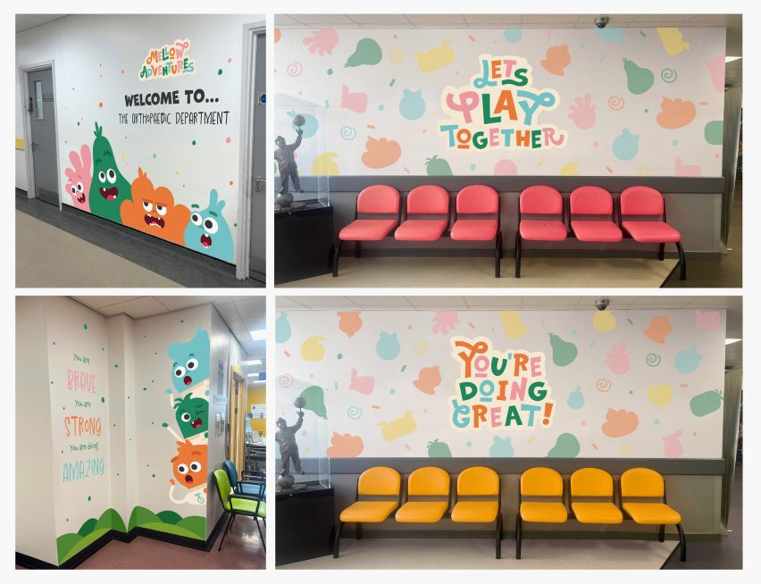 A series of four photographs of a hospital corridor space with various slogans written on the walls, in bright colours of blue, green, orange, pink and yellow, among orange and pink chairs.