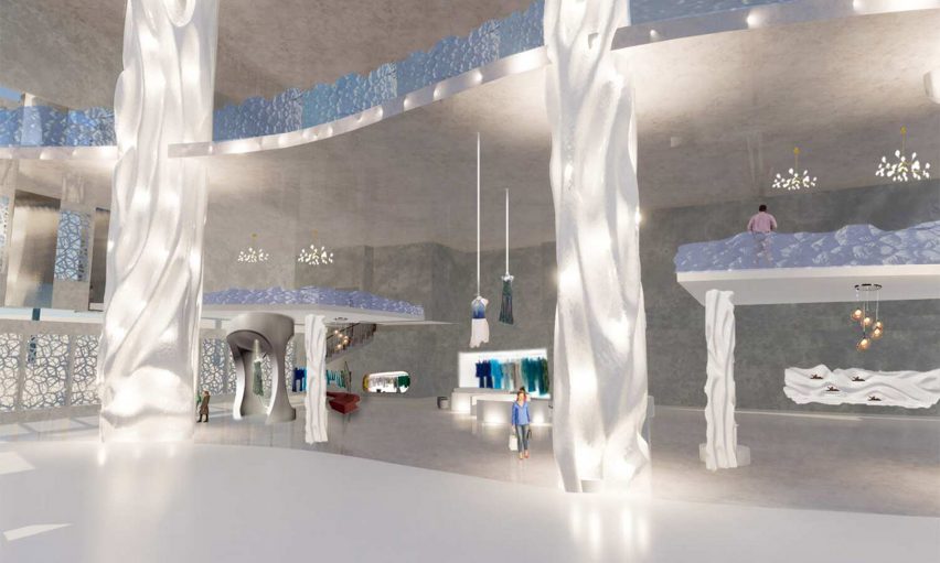 Visualisation of the interior of a retail space, with blue and white features and people interacting with the space.
