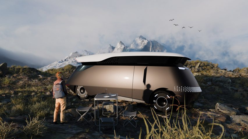 A visualisation of a car design in amongst a rural scene, with a person standing next to it.