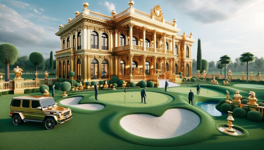 Image showing a gold mansion with a golf course in front of it