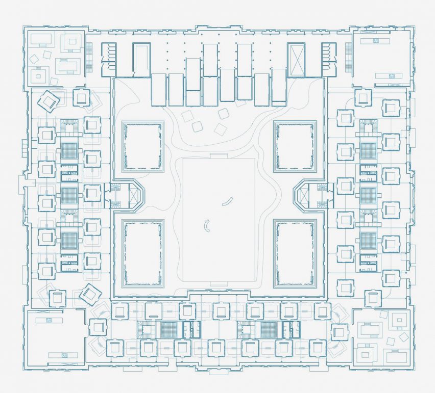 A diagram of an architectural plan in blue against a white background.