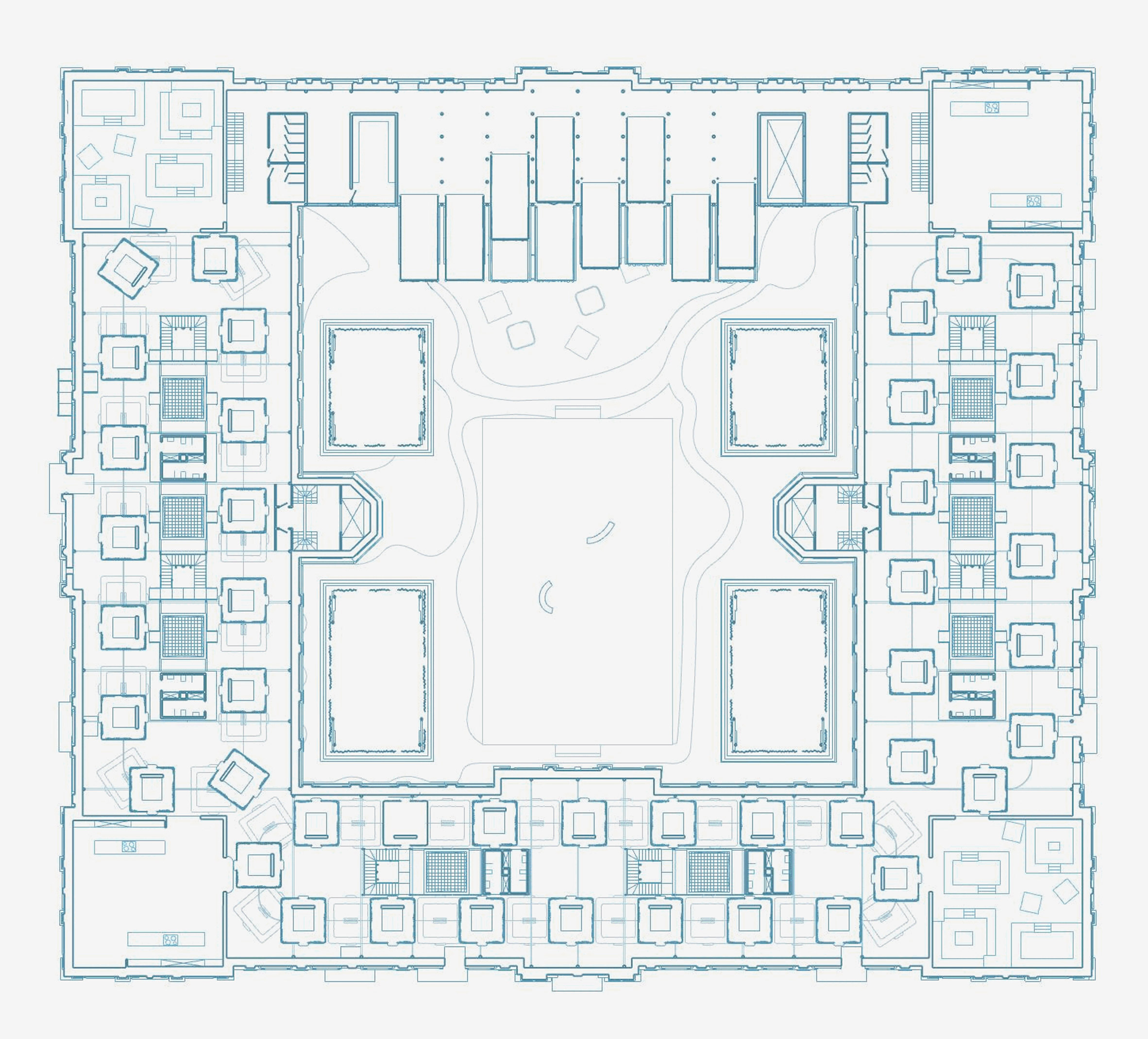 A diagram of an architectural plan in blue against a white background.