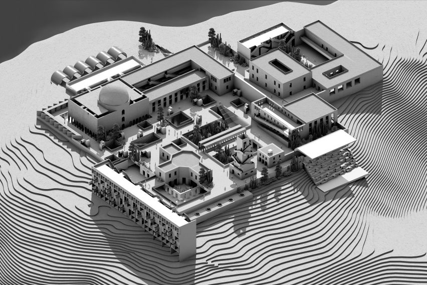A black and white visualisation of a large building.