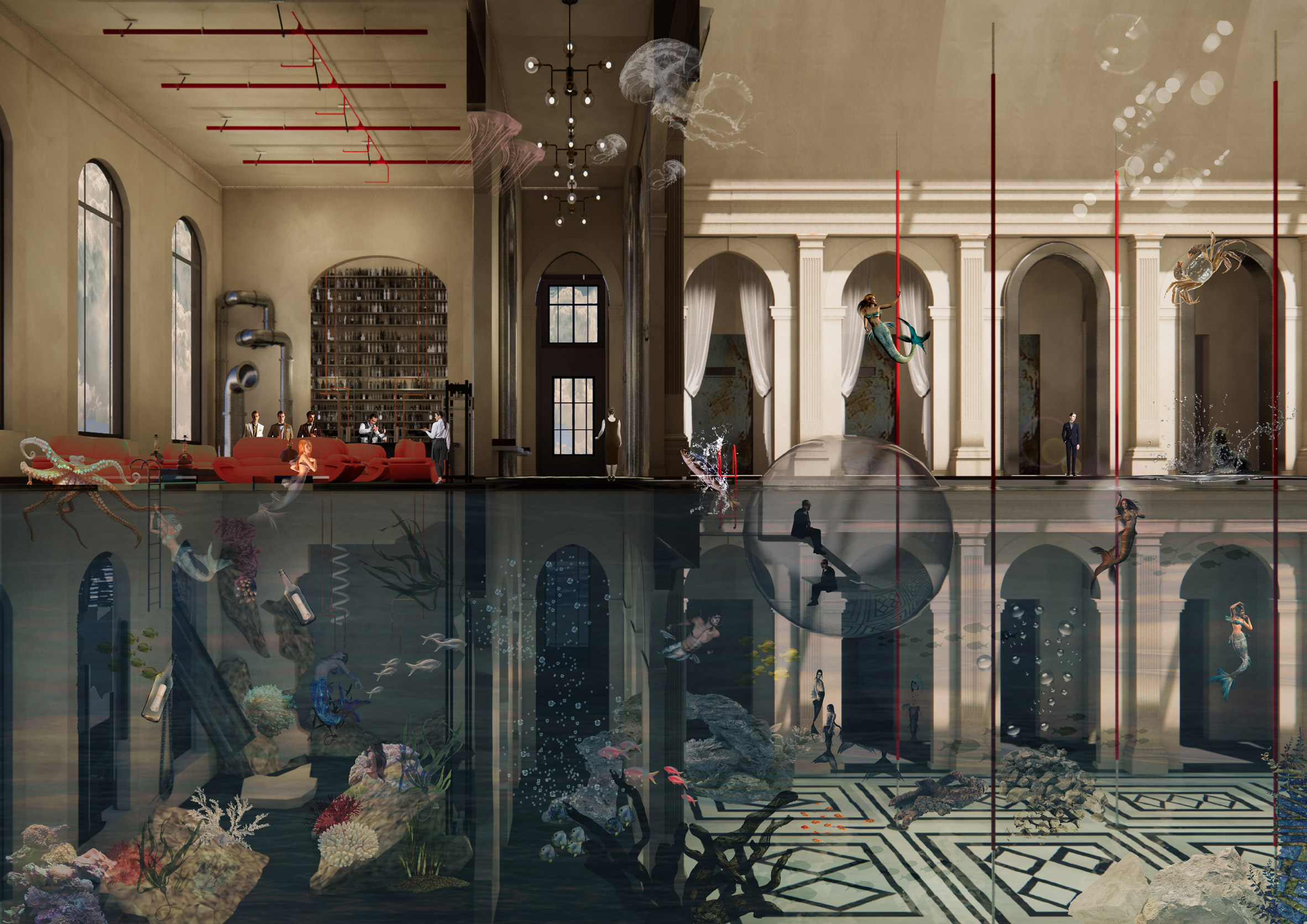 A visualisation of the interior of a space, half underwater and half not, in colours of blue, beige and red.